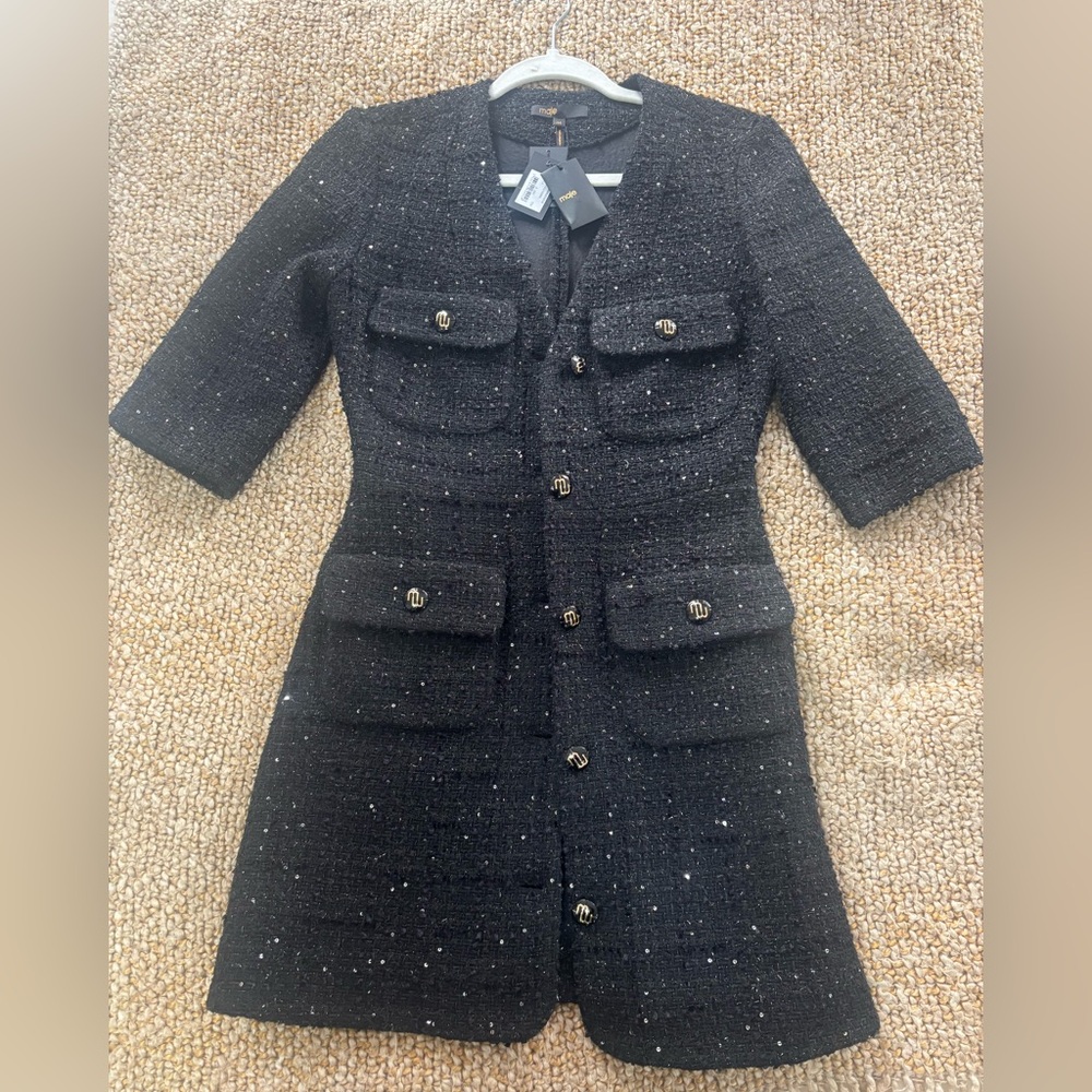 Maje Black Tweed Short-Sleeve Blazer Coat